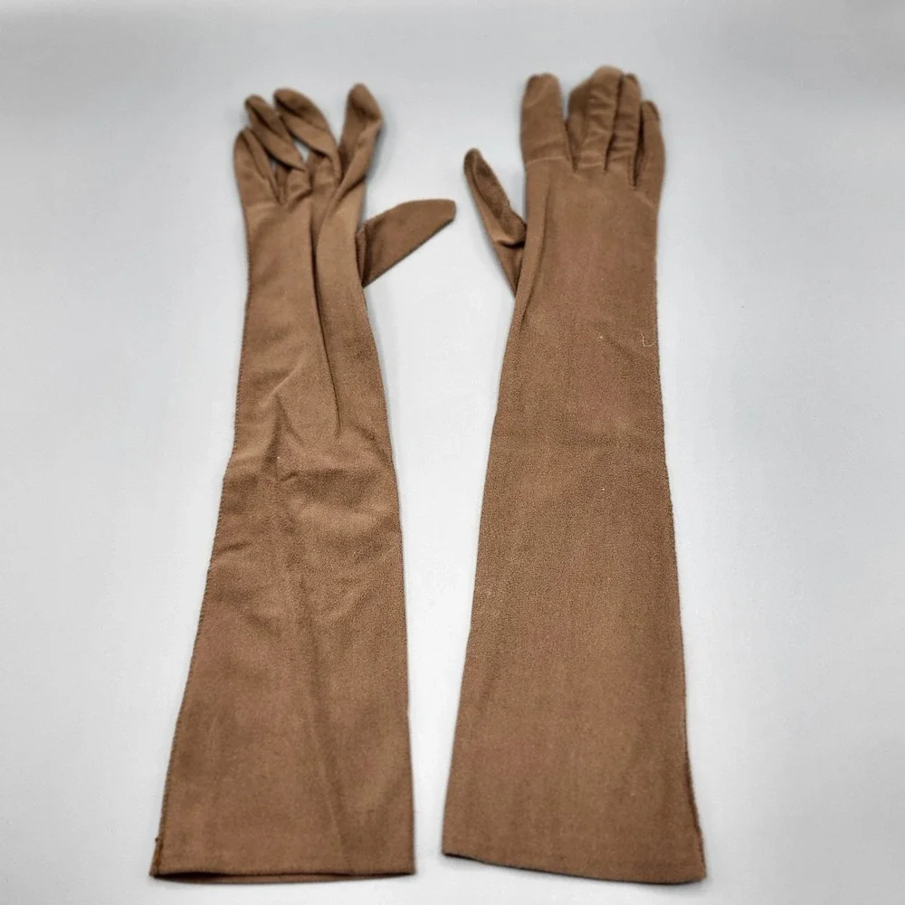 Vintage Elbow Opera Length Formal Gloves Womens One Size Stretch Brown